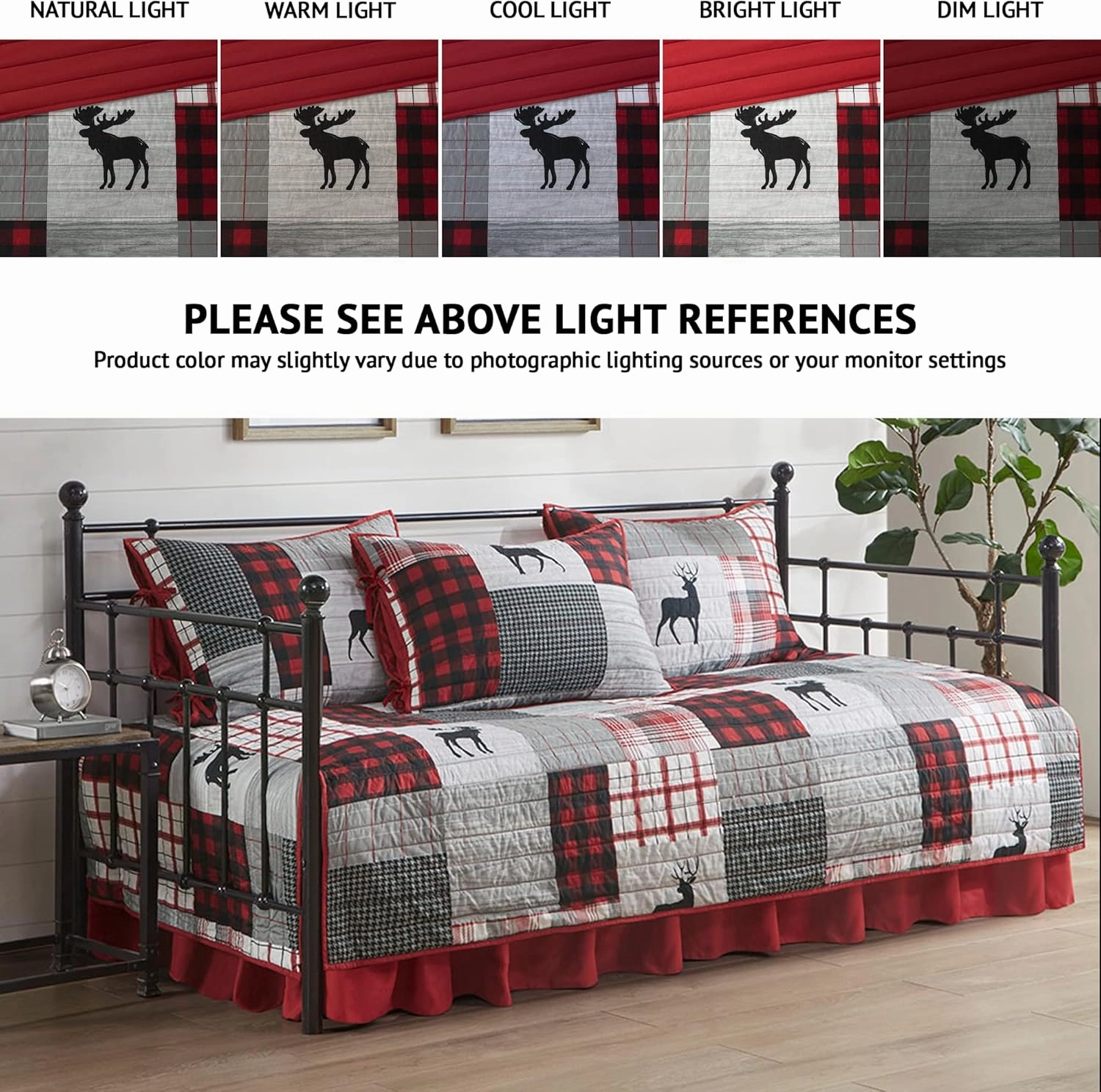 Woolrich Daybed Cover Set - Cabin Lifestyle, Patchwork with Moose Design All Season, Lightweight and Breathable Cozy Bedding Layer with Bedskirt, Matching Shams, 39" W x 75" L, Woodshed Red 5 Piece