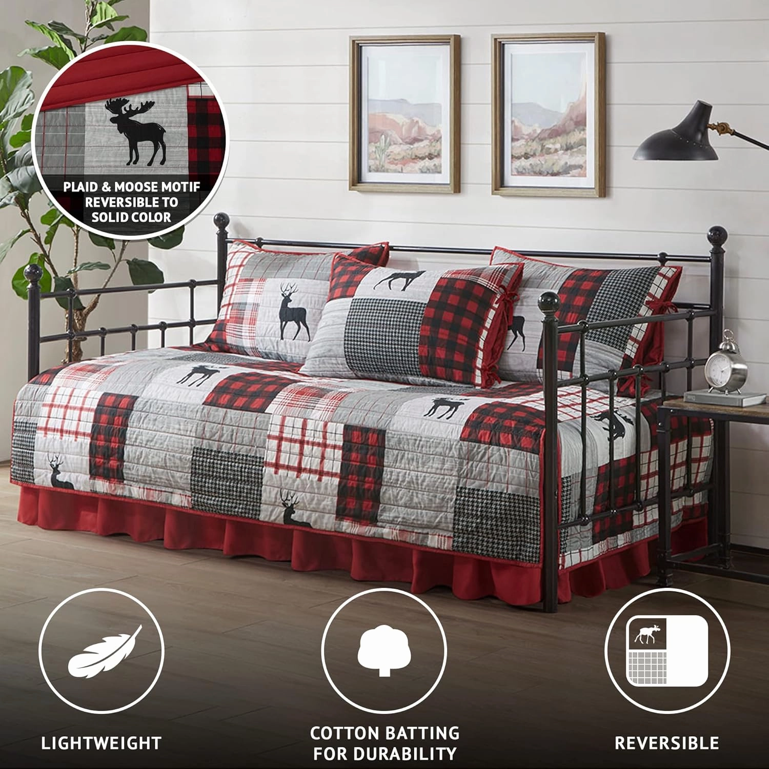 Woolrich Daybed Cover Set - Cabin Lifestyle, Patchwork with Moose Design All Season, Lightweight and Breathable Cozy Bedding Layer with Bedskirt, Matching Shams, 39" W x 75" L, Woodshed Red 5 Piece
