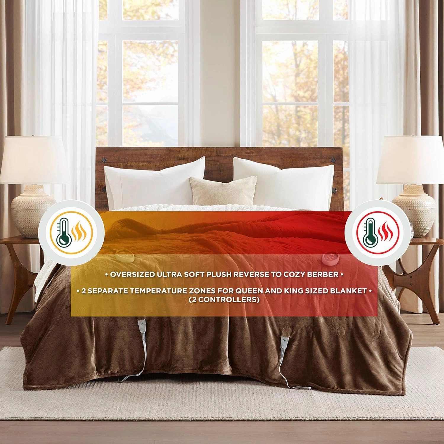 Woolrich Heated Plush to Berber Electric Blanket Throw Ultra Soft Knitted, Super Warm and Snuggly Cozy with Auto Shut Off and Multi Heat Level Setting Controllers, King: 100x90, Chocolate