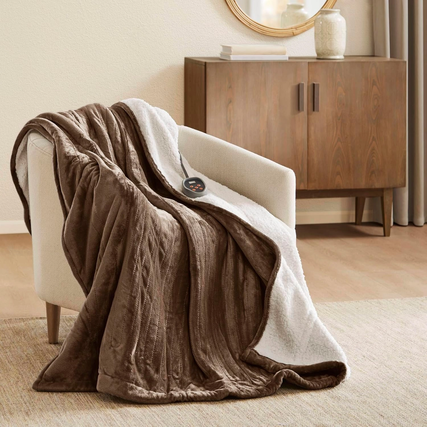 Woolrich Heated Plush to Berber Electric Blanket Throw Ultra Soft Knitted, Super Warm and Snuggly Cozy with Auto Shut Off and Multi Heat Level Setting Controllers, King: 100x90, Chocolate