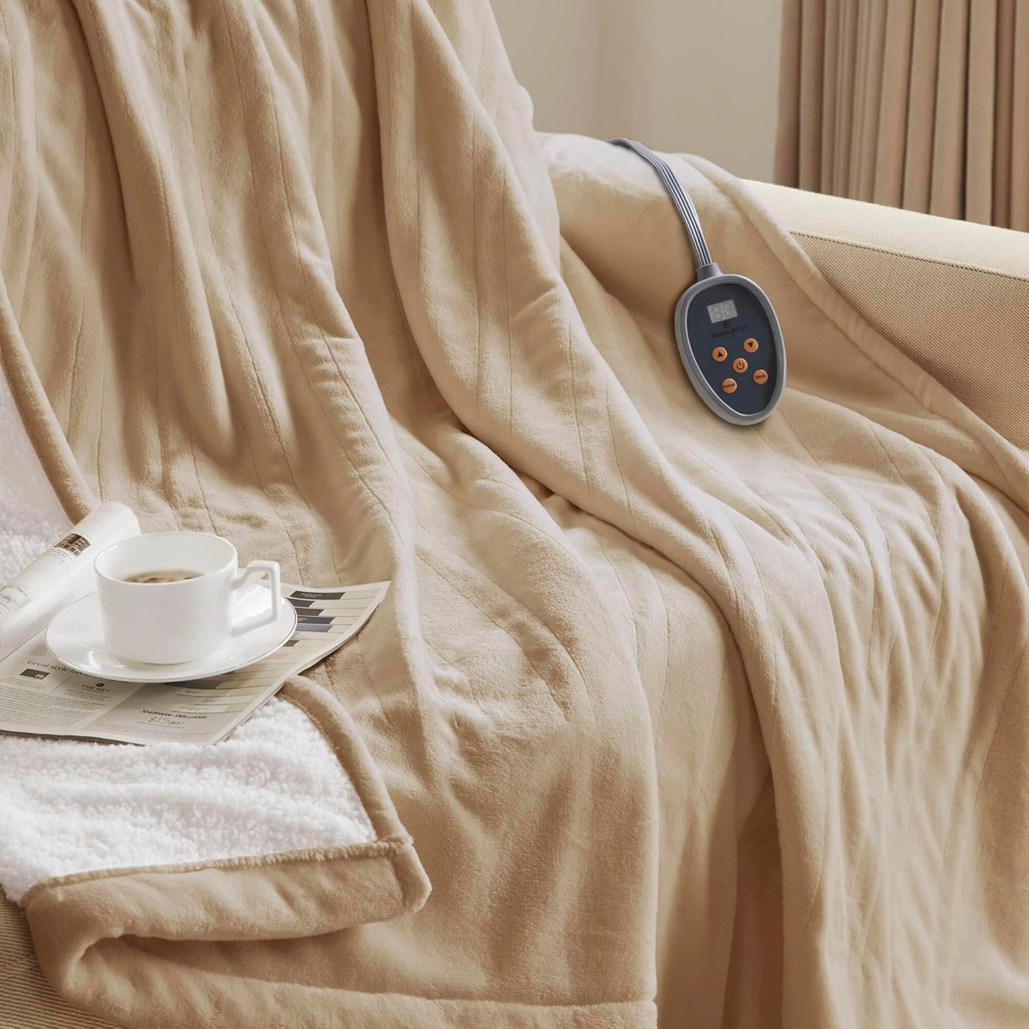 Woolrich Heated Plush to Berber Electric Blanket Throw Ultra Soft Knitted, Super Warm and Snuggly Cozy with Auto Shut Off and Multi Heat Level Setting Controllers, Twin: 62x84, Tan
