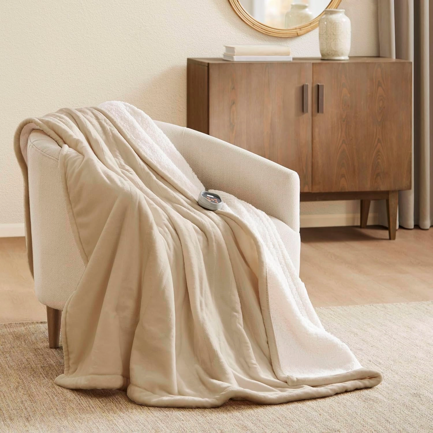 Woolrich Heated Plush to Berber Electric Blanket Throw Ultra Soft Knitted, Super Warm and Snuggly Cozy with Auto Shut Off and Multi Heat Level Setting Controllers, Twin: 62x84, Tan