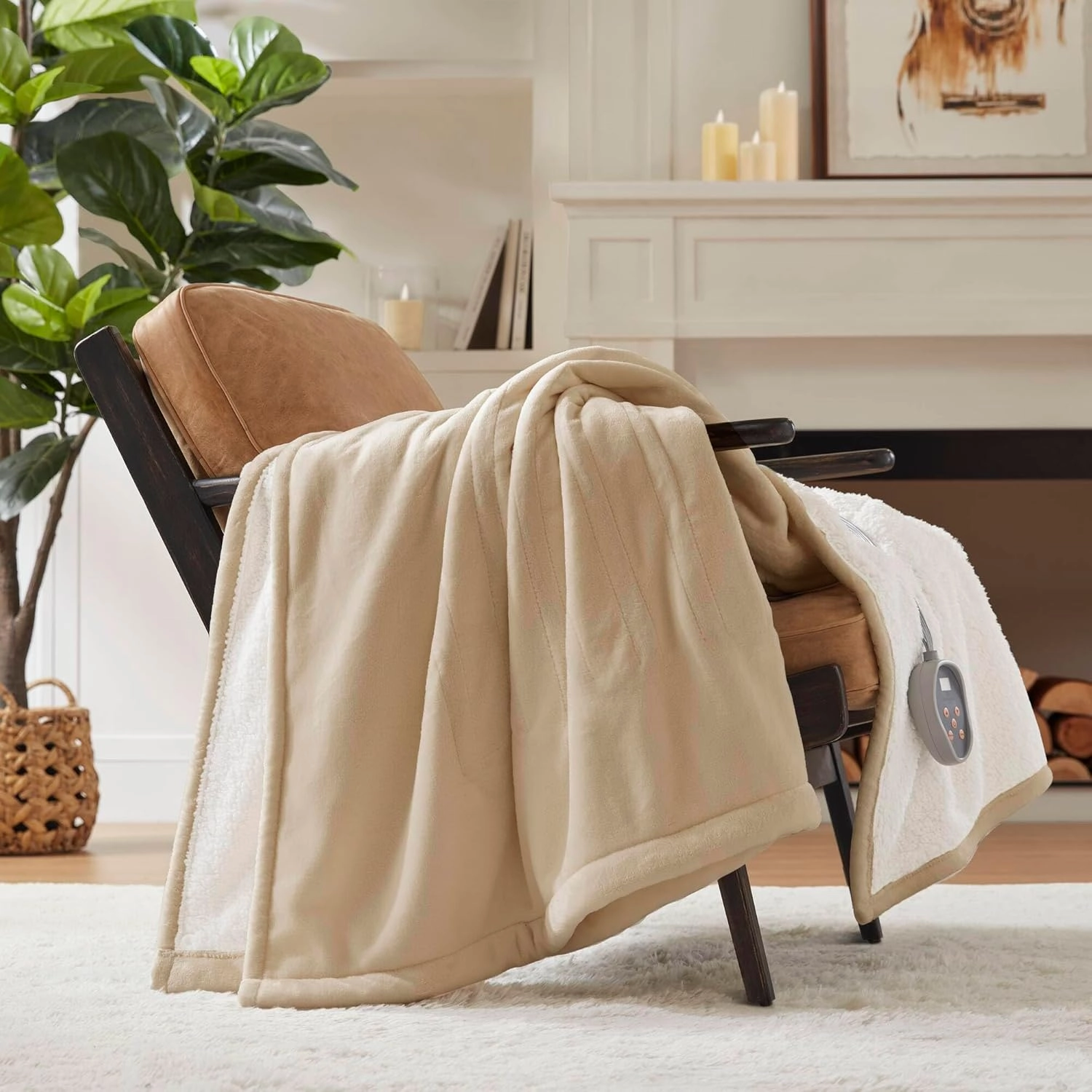 Woolrich Heated Plush to Berber Electric Blanket Throw Ultra Soft Knitted, Super Warm and Snuggly Cozy with Auto Shut Off and Multi Heat Level Setting Controllers, Twin: 62x84, Tan