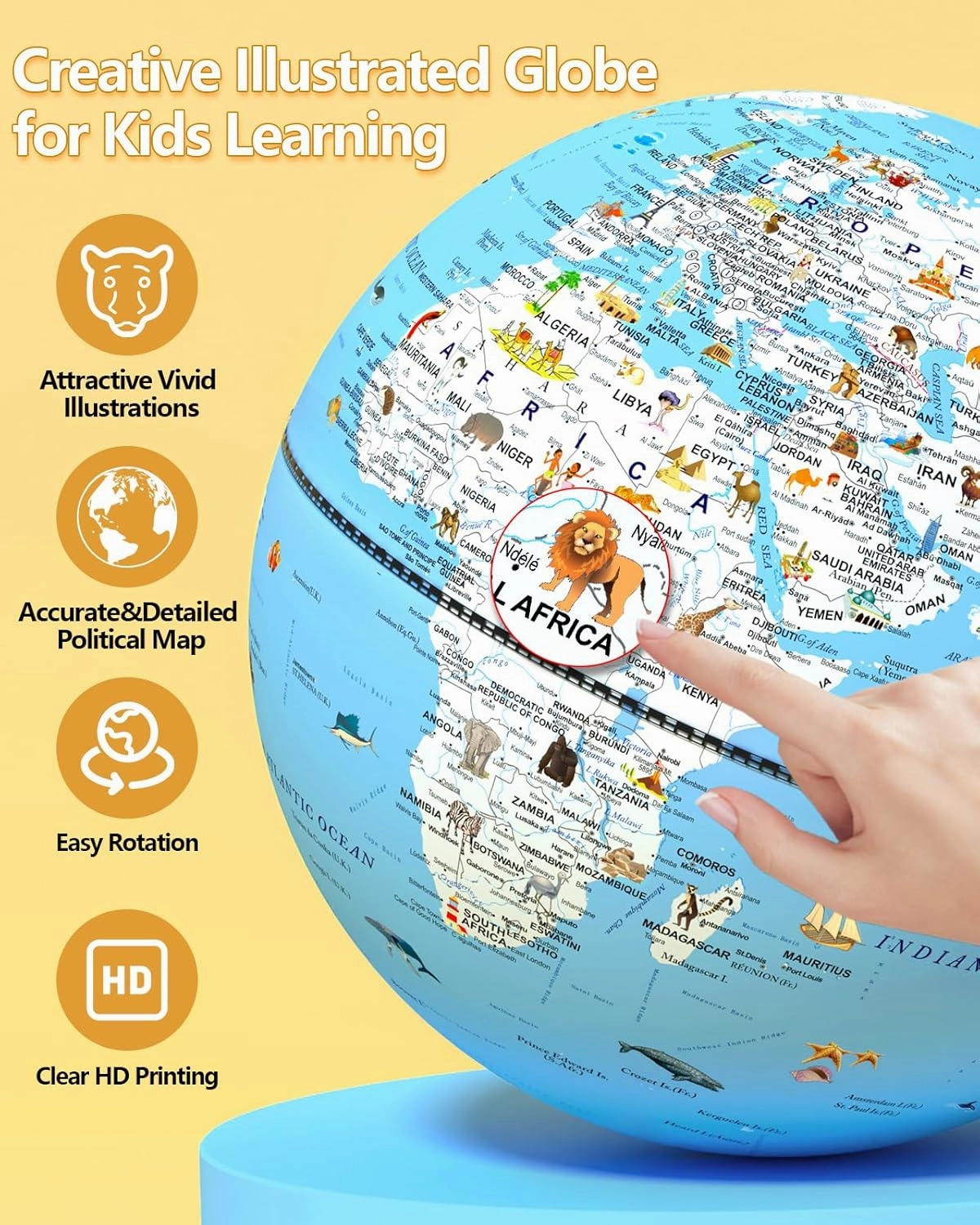 World Globe for Children 8-inch Illuminated Earth Globe with 100  Animal Adventures Illustrations & Night Light - Classroom STEM Learning Toys Magical Unique Educational Gifts for Kids, Students