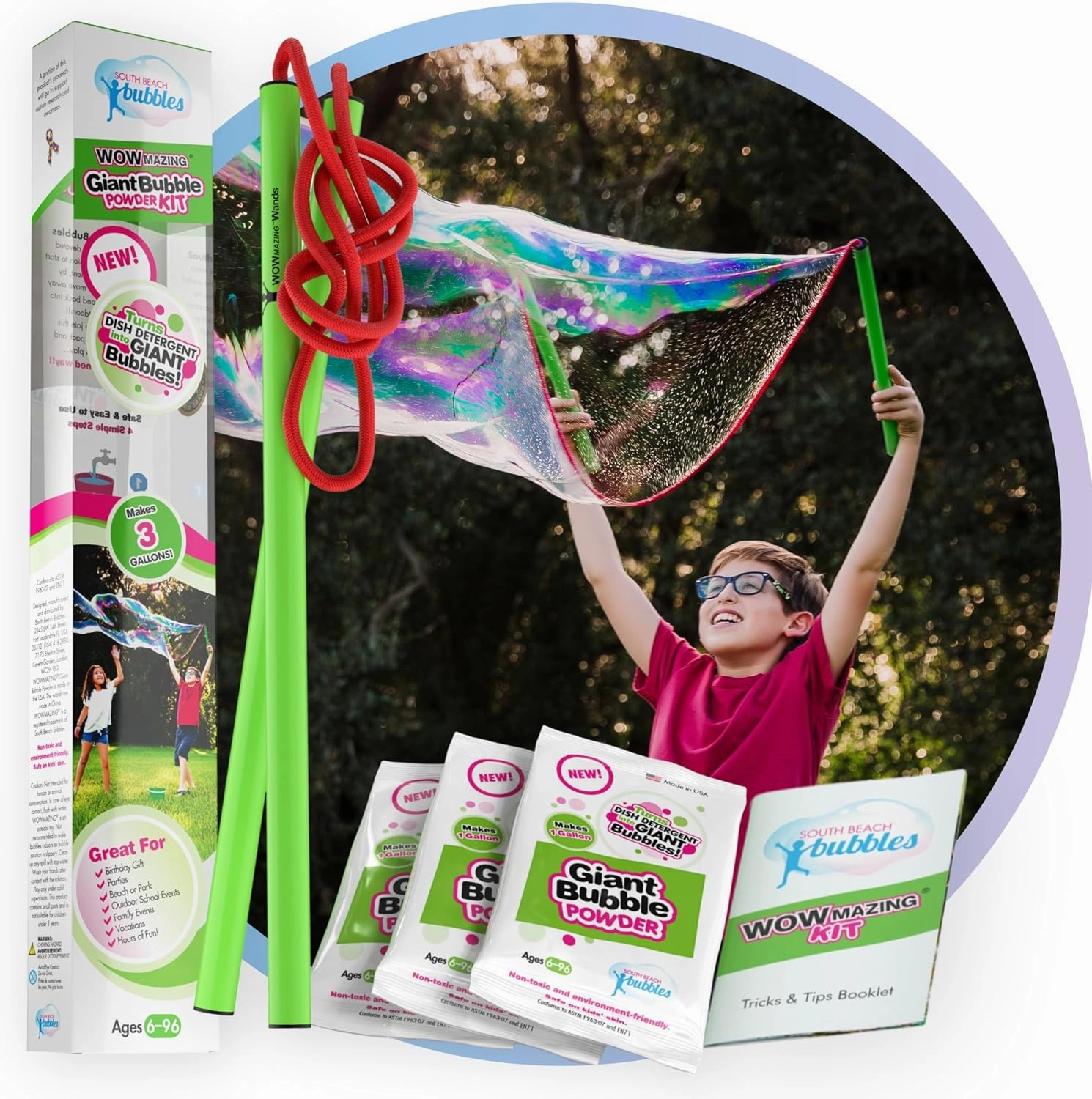 WOWmazing Giant Bubble Powder Kit: Include Large Bubble Wand and 3 Packet of Big Bubble Powder (Makes 3 Gallons) | Outdoor Toy for Kids, Boys, Girls | Powder Made in USA