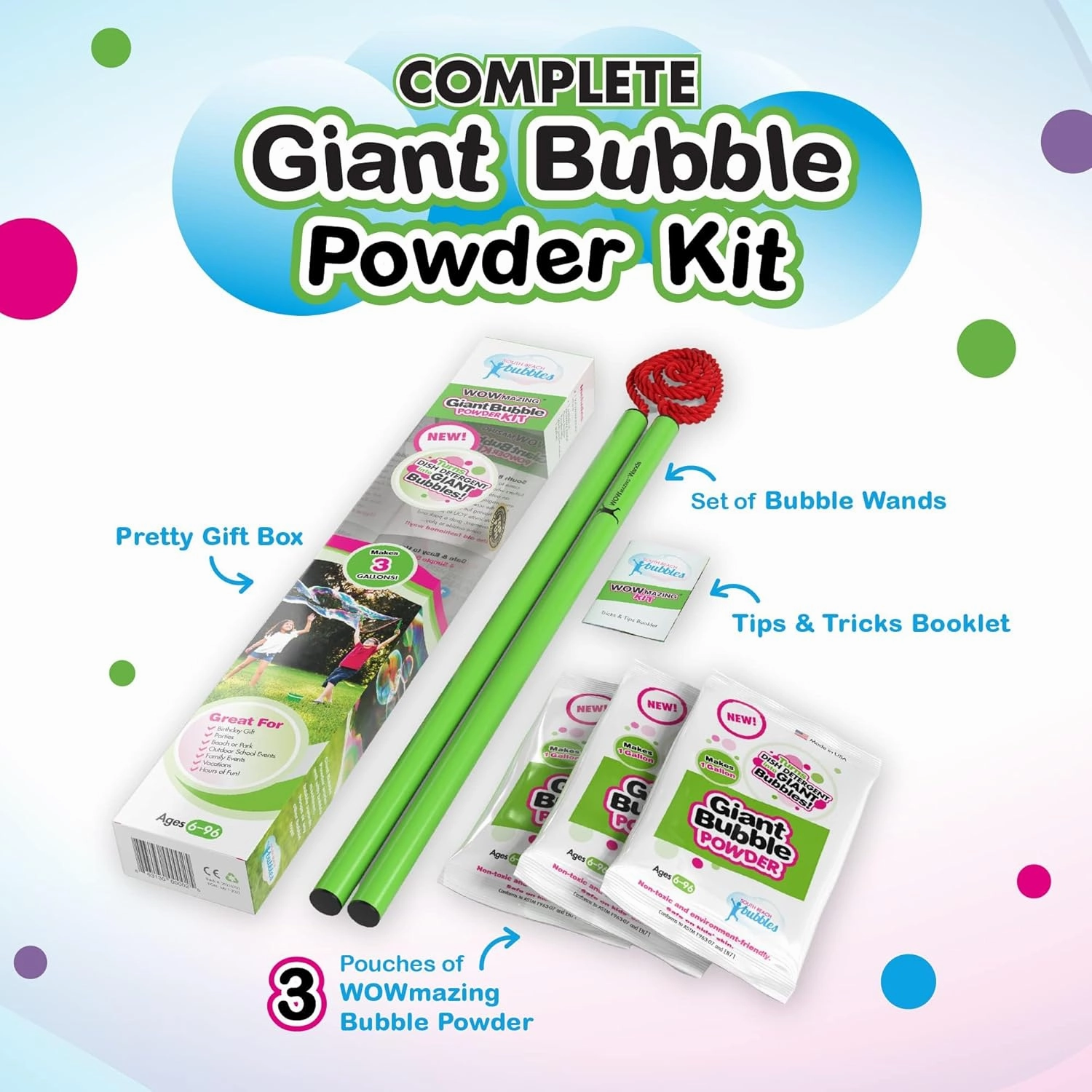 WOWmazing Giant Bubble Powder Kit: Include Large Bubble Wand and 3 Packet of Big Bubble Powder (Makes 3 Gallons) | Outdoor Toy for Kids, Boys, Girls | Powder Made in USA