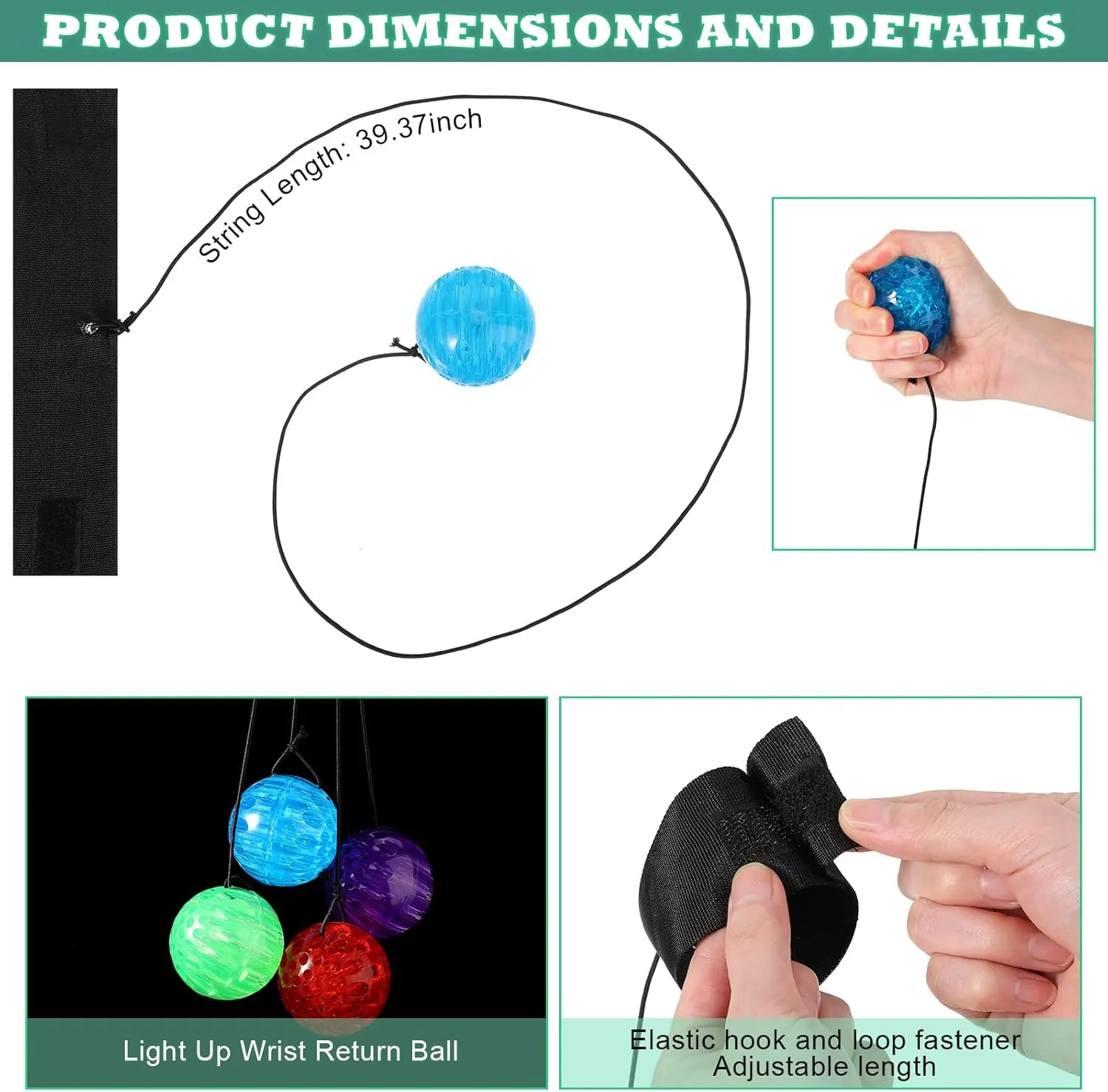 Wrist Balls on a String with Elastic String Return Ball Bulk Flashing Wristband Toys LED Birthday Party Favors for Birthday Halloween Christmas (12 Pieces)