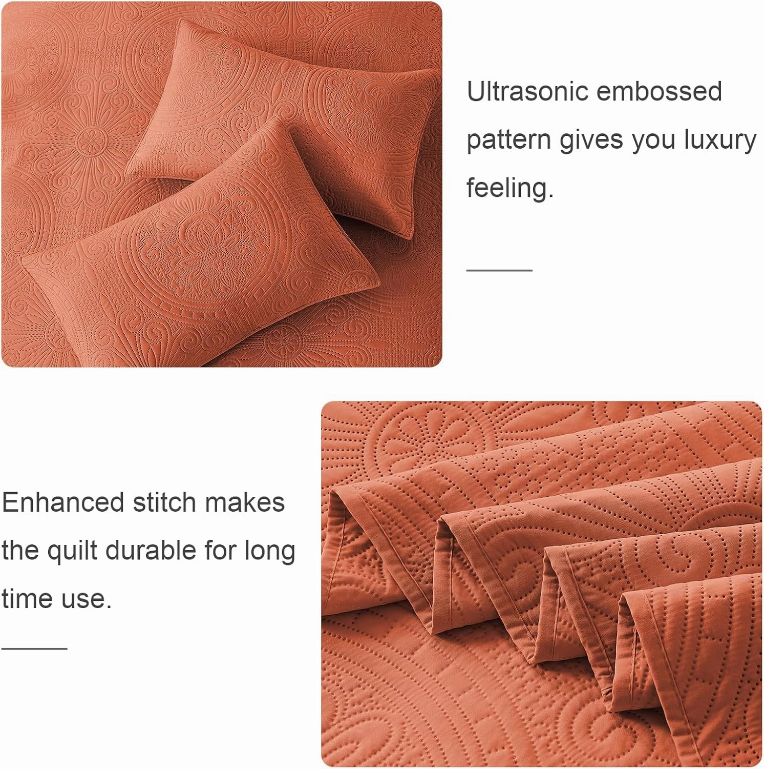 WURUIBO King/Cal King Quilt Set Burnt Orange,Ultrasonic Embossed Bedspread, Lightweight Microfiber Coverlet, Modern Thin Bedding Set for All Season, 3 Piece(1 Quilt,2 Pillow Shams)