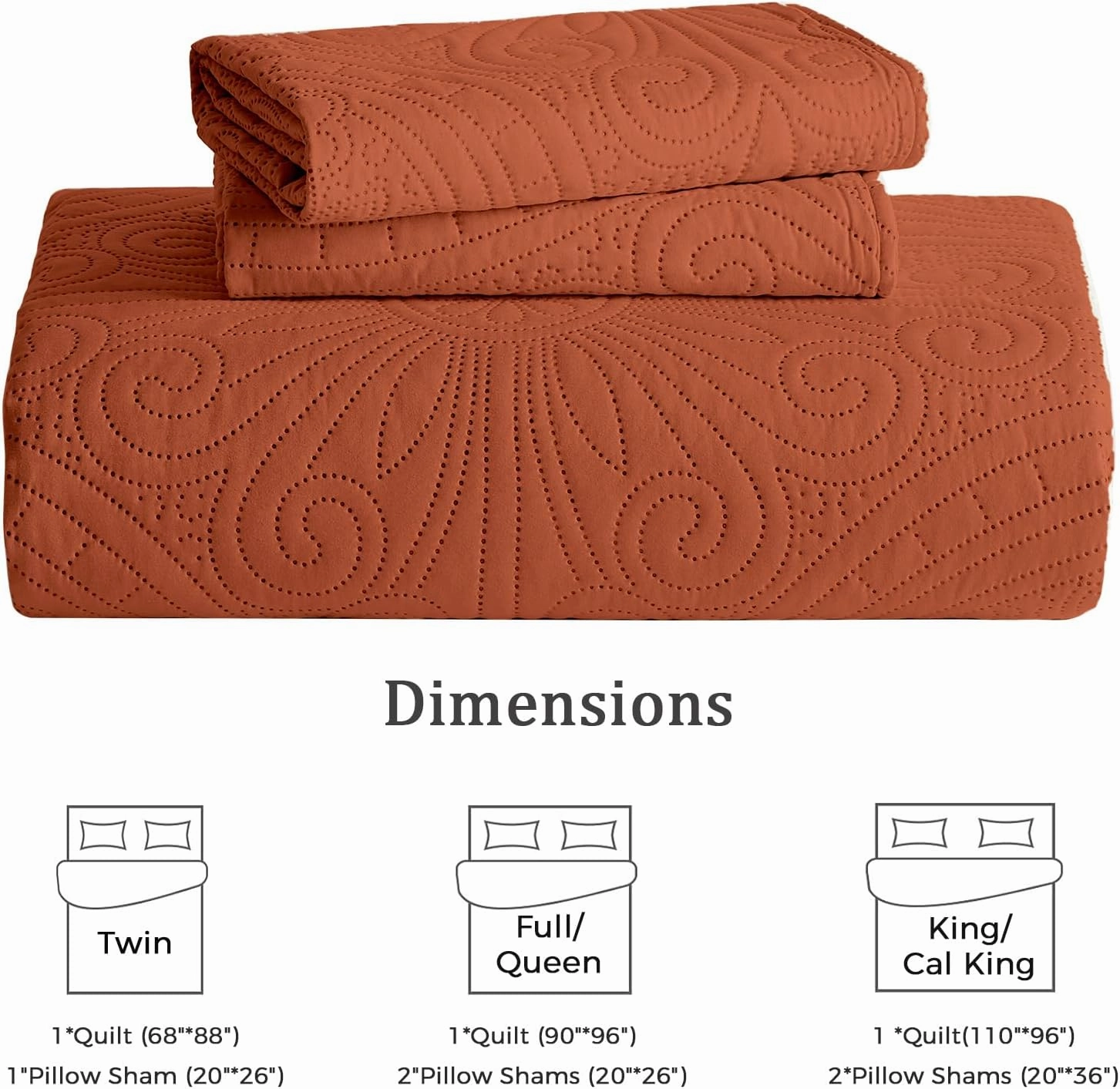 WURUIBO King/Cal King Quilt Set Burnt Orange,Ultrasonic Embossed Bedspread, Lightweight Microfiber Coverlet, Modern Thin Bedding Set for All Season, 3 Piece(1 Quilt,2 Pillow Shams)