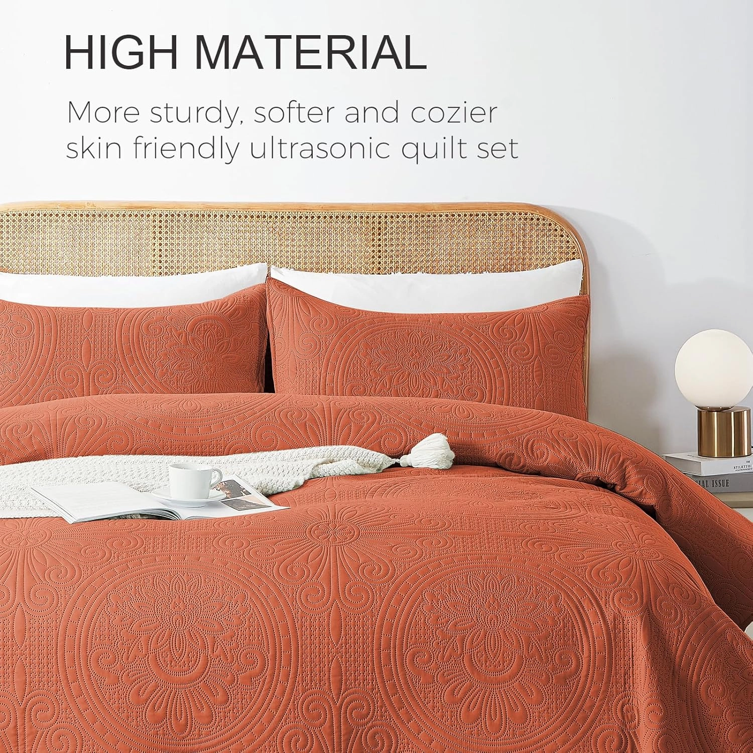 WURUIBO King/Cal King Quilt Set Burnt Orange,Ultrasonic Embossed Bedspread, Lightweight Microfiber Coverlet, Modern Thin Bedding Set for All Season, 3 Piece(1 Quilt,2 Pillow Shams)