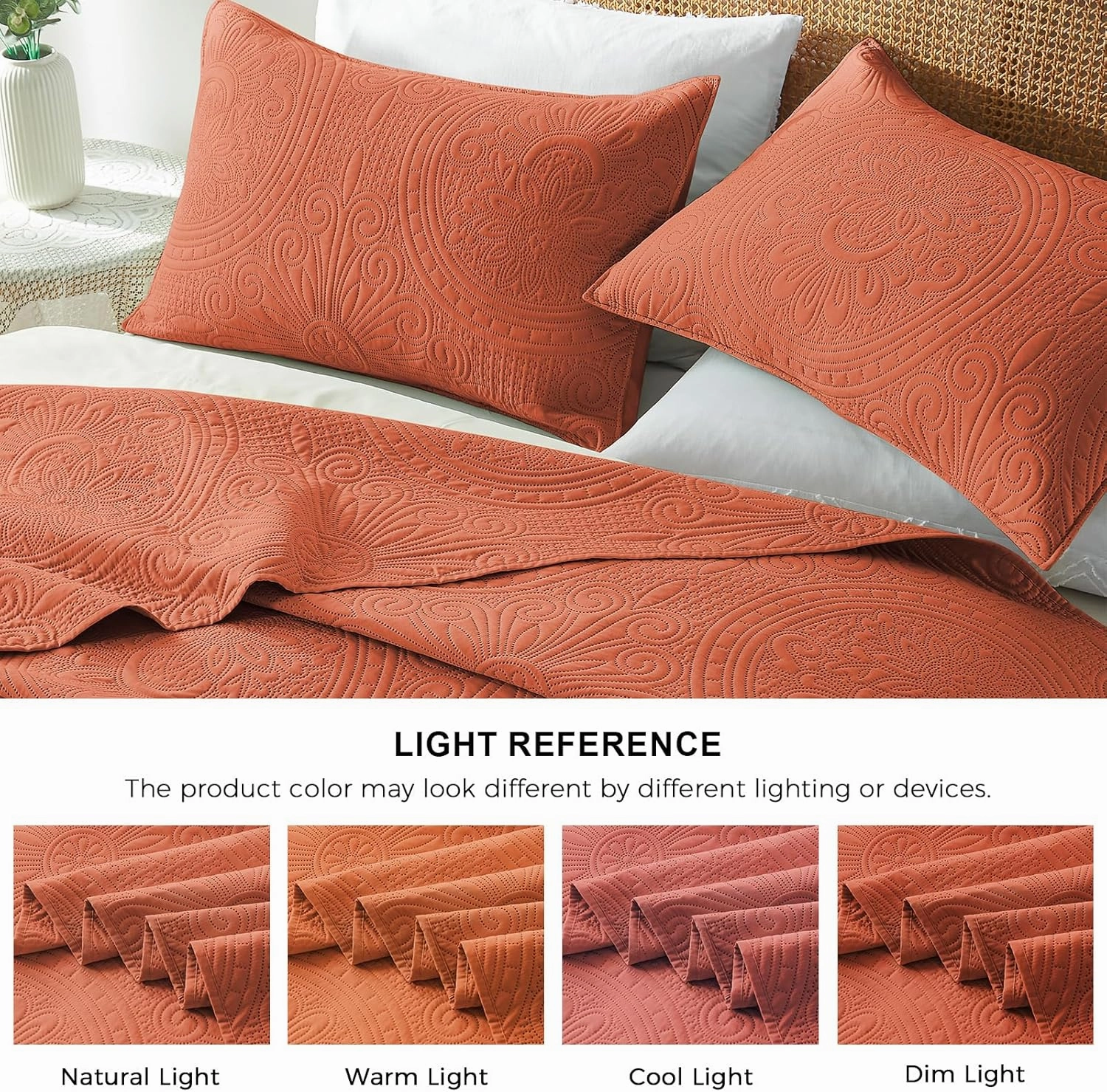 WURUIBO King/Cal King Quilt Set Burnt Orange,Ultrasonic Embossed Bedspread, Lightweight Microfiber Coverlet, Modern Thin Bedding Set for All Season, 3 Piece(1 Quilt,2 Pillow Shams)