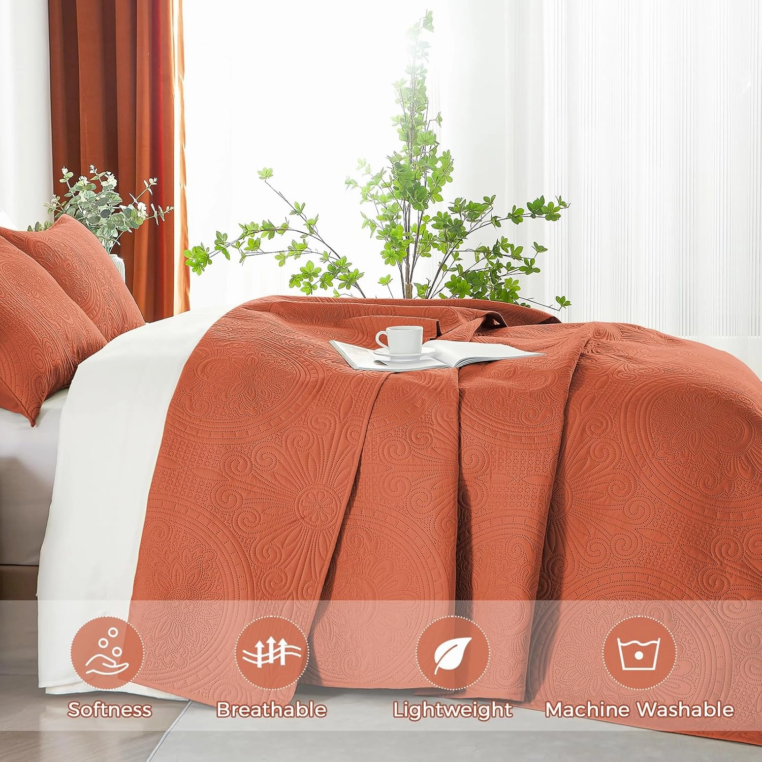 WURUIBO King/Cal King Quilt Set Burnt Orange,Ultrasonic Embossed Bedspread, Lightweight Microfiber Coverlet, Modern Thin Bedding Set for All Season, 3 Piece(1 Quilt,2 Pillow Shams)