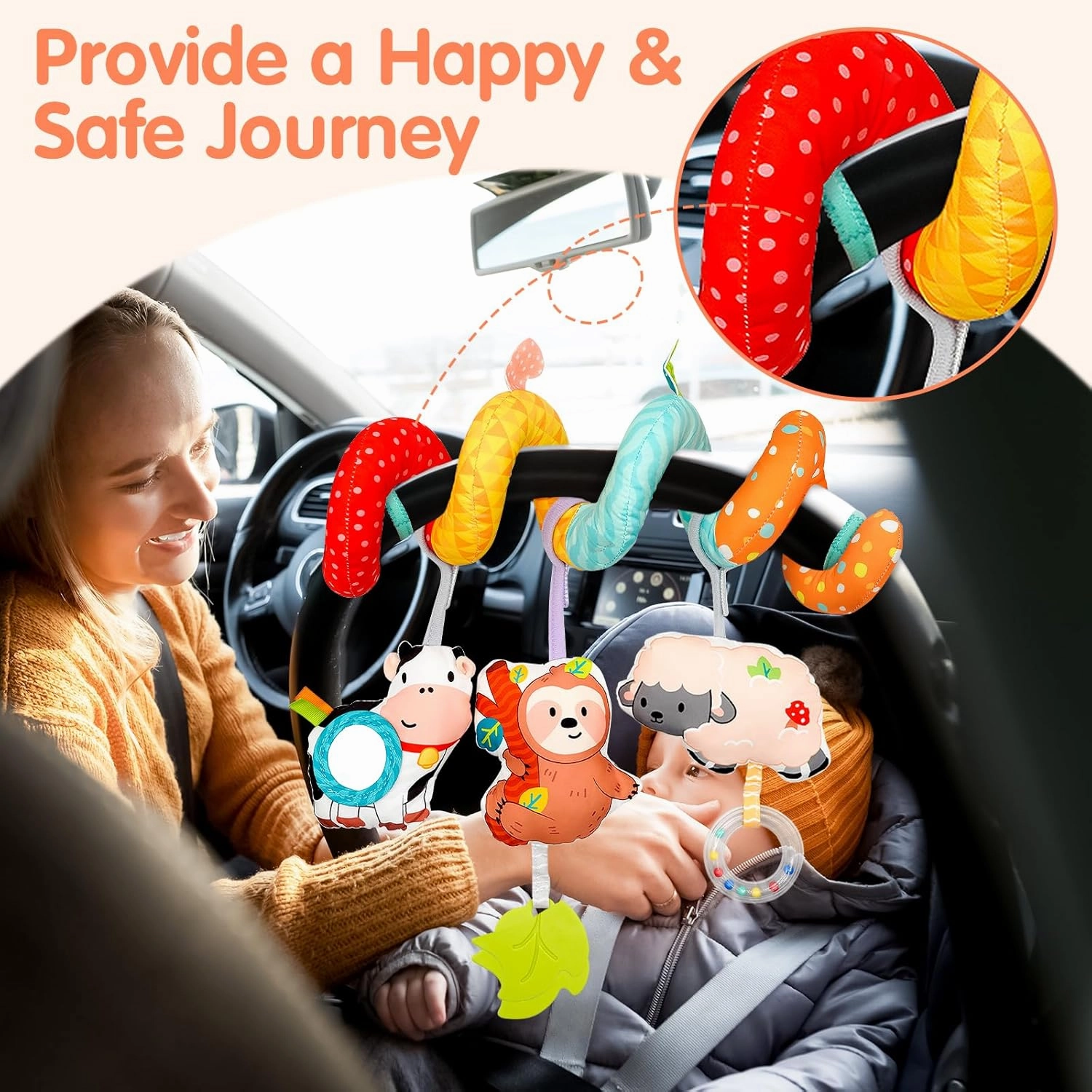 XIXILAND Car Seat Toys for Babies 0-6 Months Boy Girl Carseat Toys Hanging Spiral Stroller Toys, Infant Toys Baby Toys 0-6 Months Newborn Toys 0 3 Months Brain Development with Mirror Teether Rattle