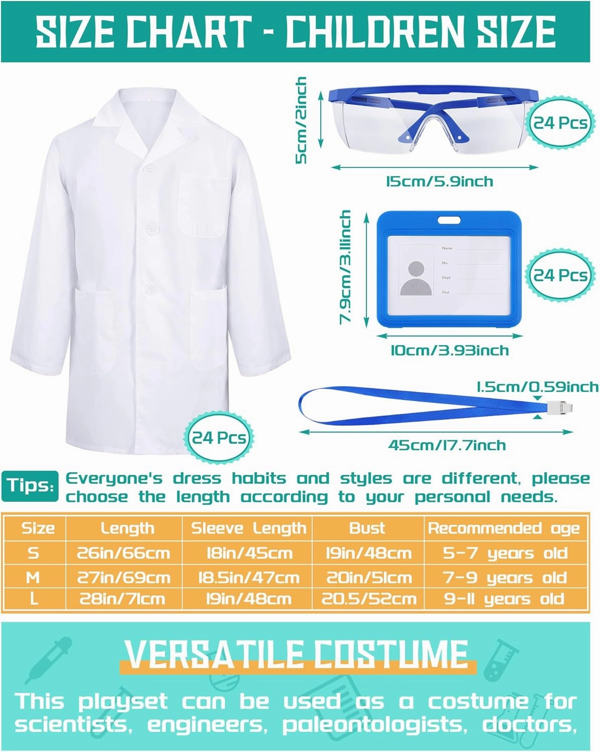 Xtinmee 24 Sets 72 Pcs Kids Lab Coat Set Doctor Costume with Goggles ID Card Holder Science Experiment Doctor Dress Up Kit