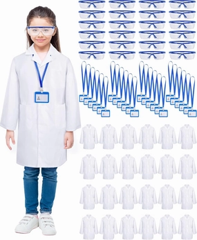 Xtinmee 24 Sets 72 Pcs Kids Lab Coat Set Doctor Costume with Goggles ID Card Holder Science Experiment Doctor Dress Up Kit