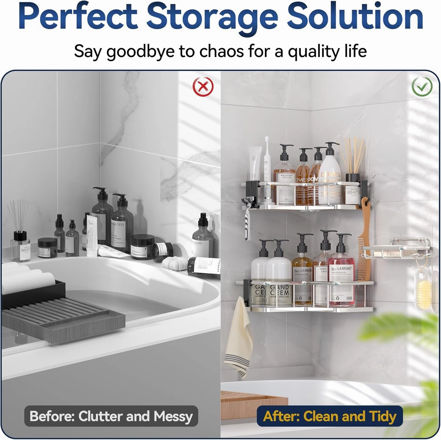 YASONIC Corner Shower Caddy Organizer, 3-Pack Self-Adhesive Rustproof Bath Shelves with Soap Holder & 4 Hooks, Large Capacity Shower Storage Rack for Bathroom Organization, Silver
