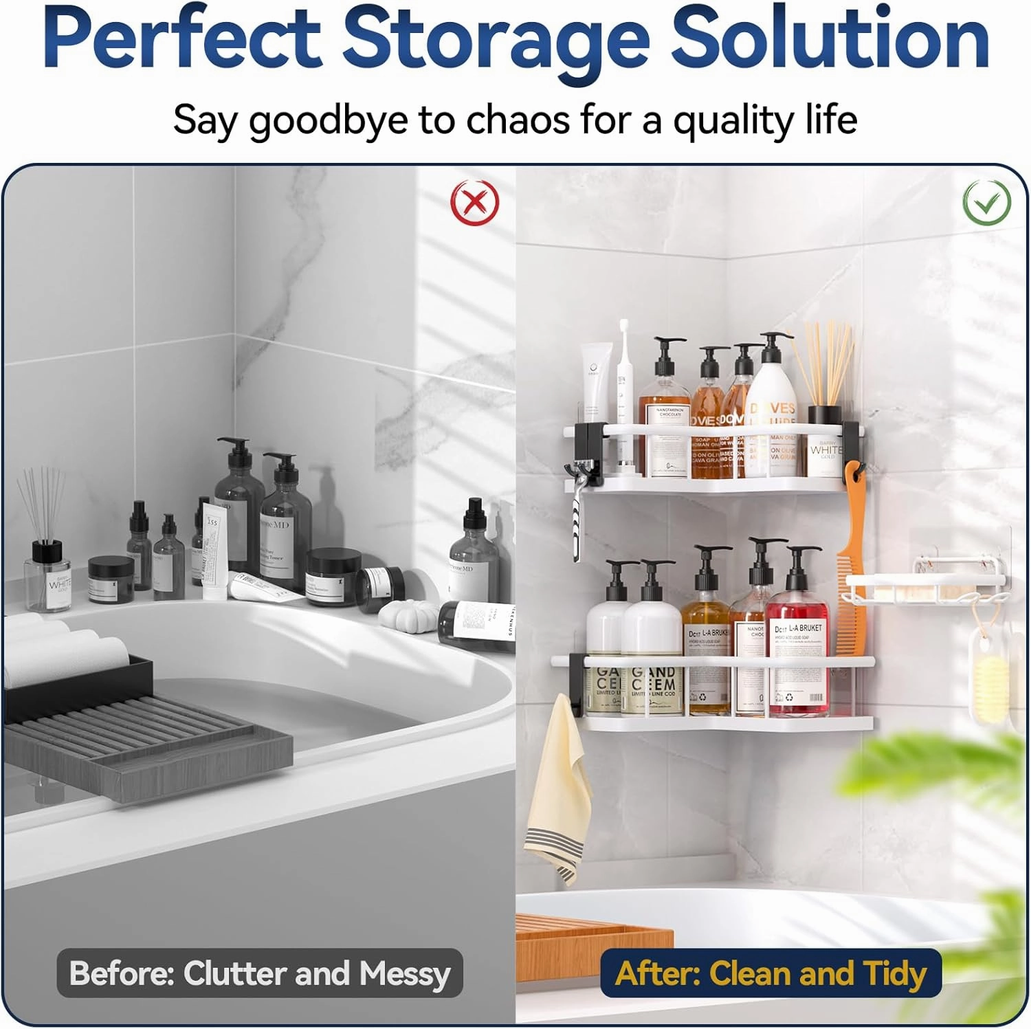 YASONIC Corner Shower Caddy Organizer, 3-Pack Self-Adhesive Rustproof Bath Shelves with Soap Holder & 4 Hooks, Large Capacity Shower Storage Rack for Bathroom Organization, White