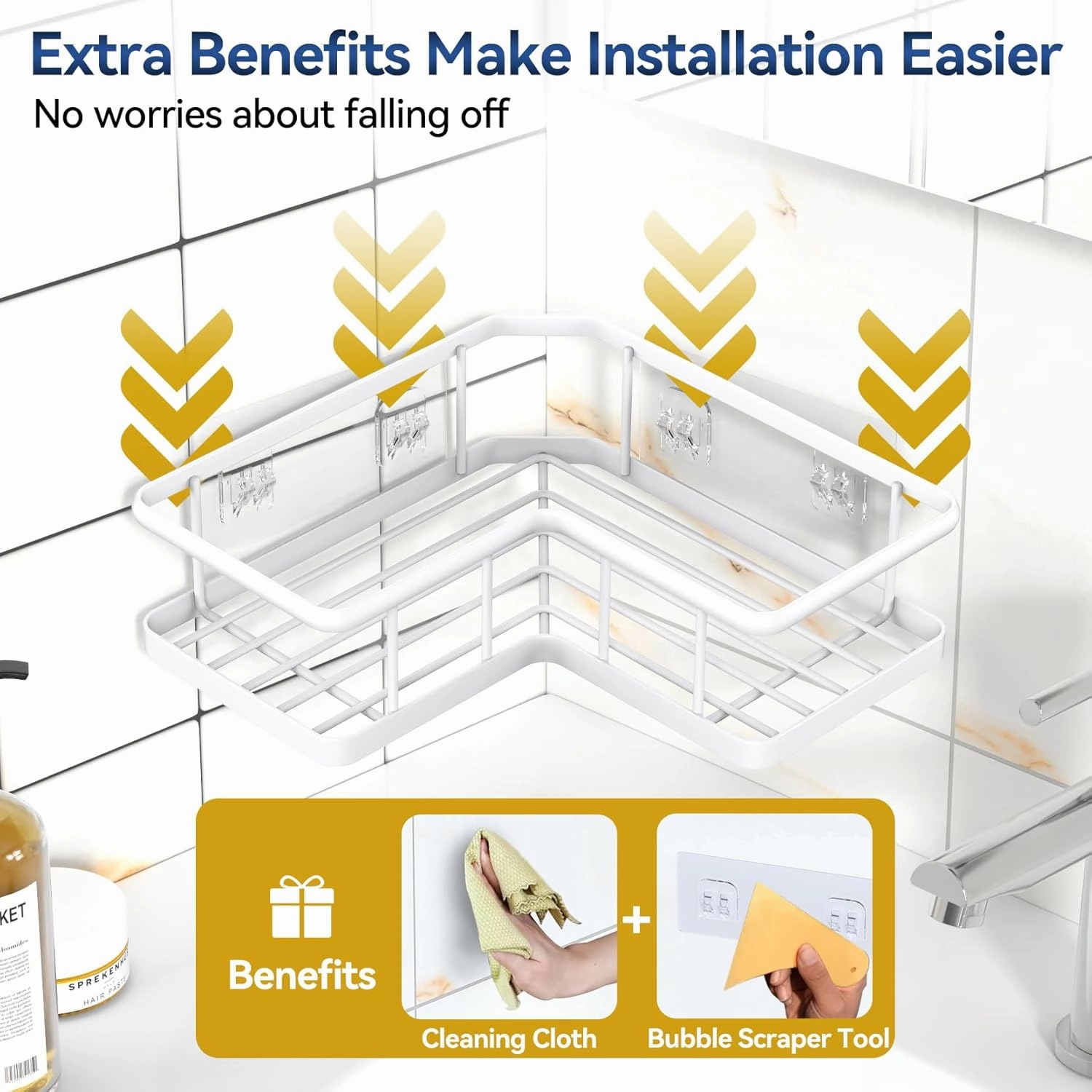 YASONIC Corner Shower Caddy Organizer, 3-Pack Self-Adhesive Rustproof Bath Shelves with Soap Holder & 4 Hooks, Large Capacity Shower Storage Rack for Bathroom Organization, White