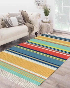 Yellow Blue Red Boho Large Runner Rug 4X6 Ft Living Room Area Rug, Washable Woven Throw Carpet with Tassel, Farmhouse Colorful Ombre Stripes Non-Shedding Bedroom Office Carpets