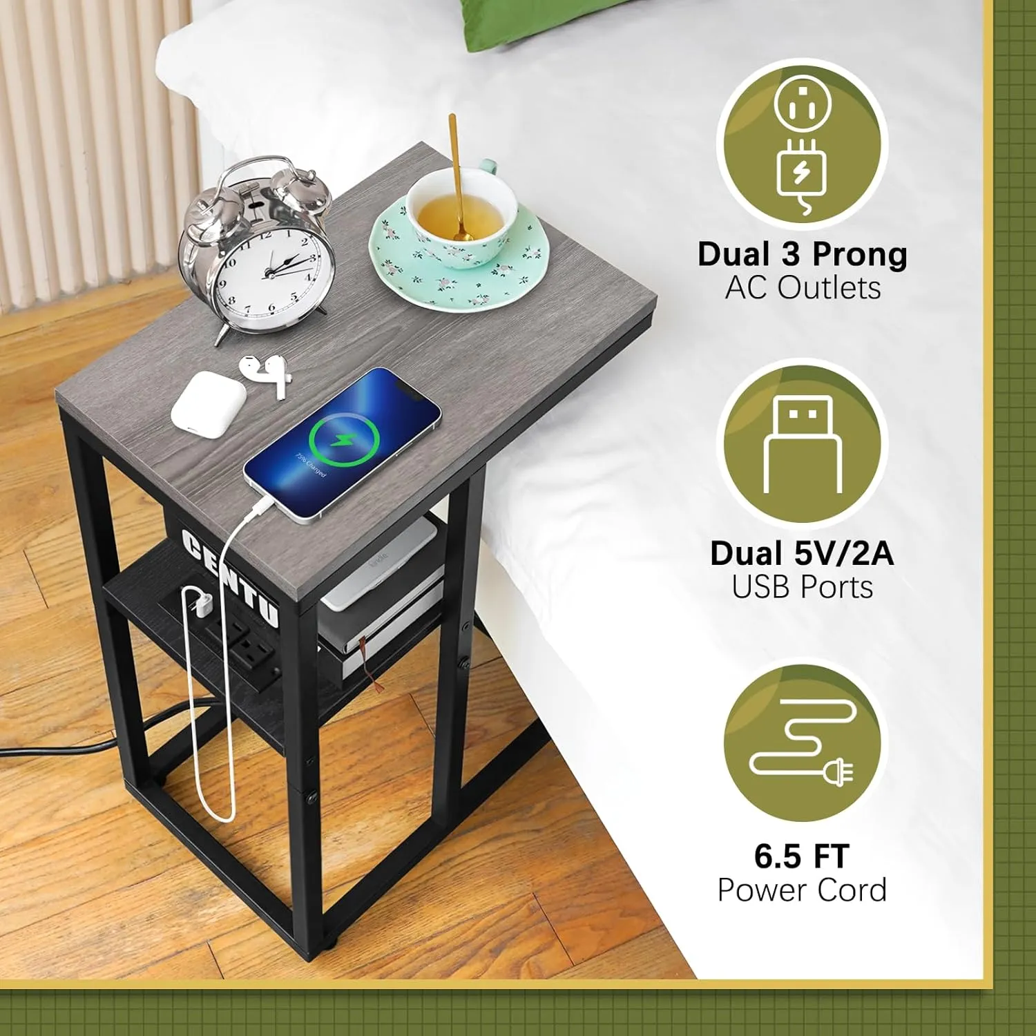Yoobure LED C Shaped End Table with Charging Station, Small Side Tables for Living Room Bedroom, TV Tray Table with USB Ports and Outlets for Small Spaces, C Table for Couch Sofa, Bed Side Table