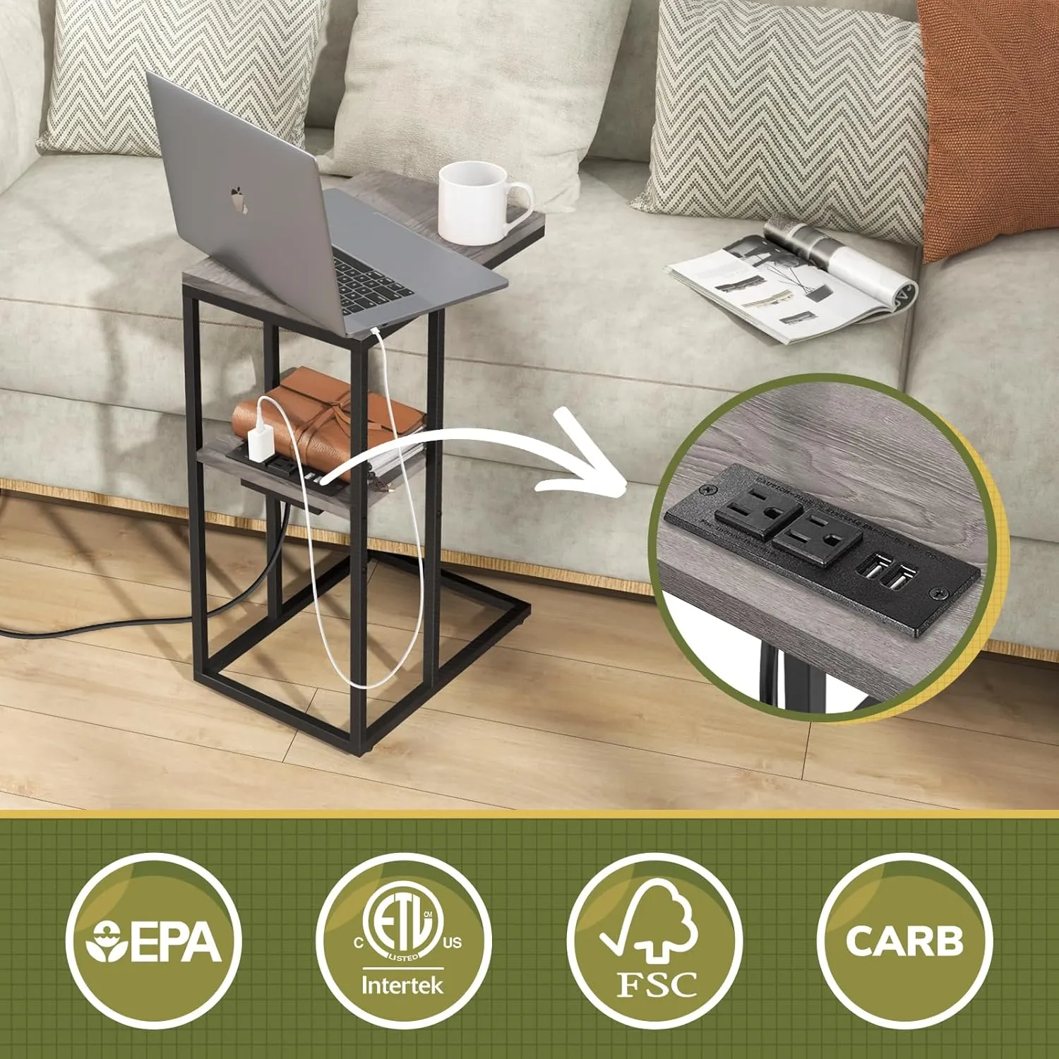 Yoobure LED C Shaped End Table with Charging Station, Small Side Tables for Living Room Bedroom, TV Tray Table with USB Ports and Outlets for Small Spaces, C Table for Couch Sofa, Bed Side Table