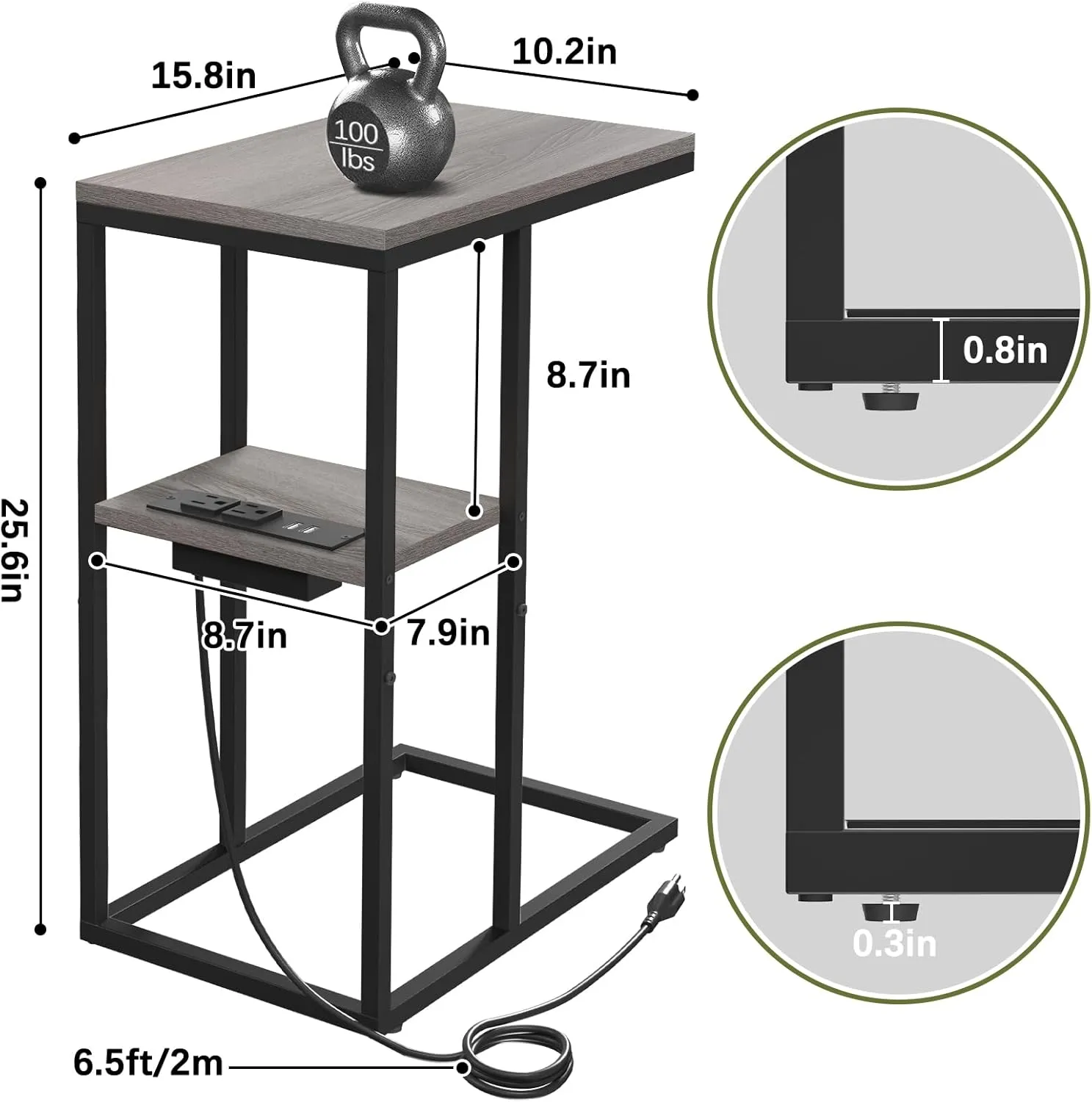 Yoobure LED C Shaped End Table with Charging Station, Small Side Tables for Living Room Bedroom, TV Tray Table with USB Ports and Outlets for Small Spaces, C Table for Couch Sofa, Bed Side Table