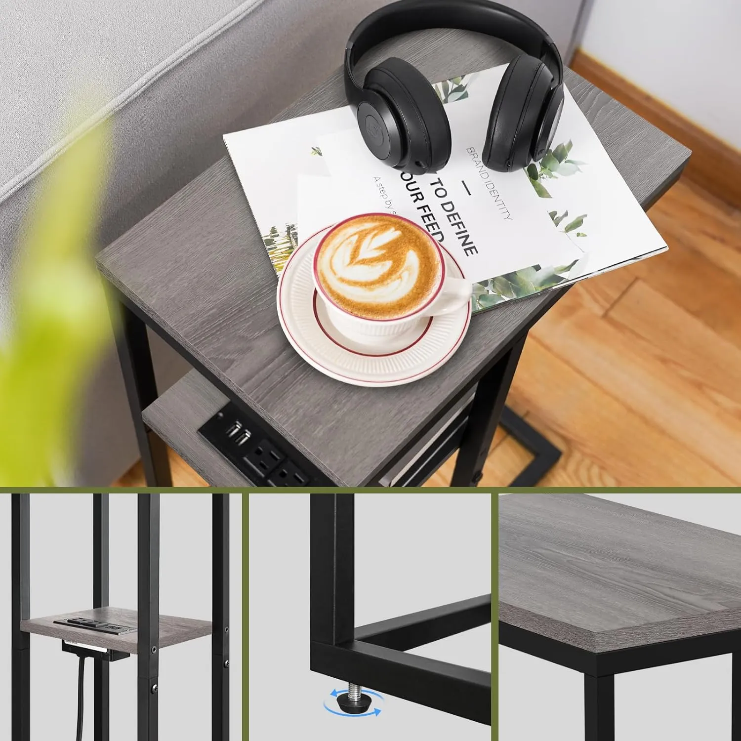 Yoobure LED C Shaped End Table with Charging Station, Small Side Tables for Living Room Bedroom, TV Tray Table with USB Ports and Outlets for Small Spaces, C Table for Couch Sofa, Bed Side Table