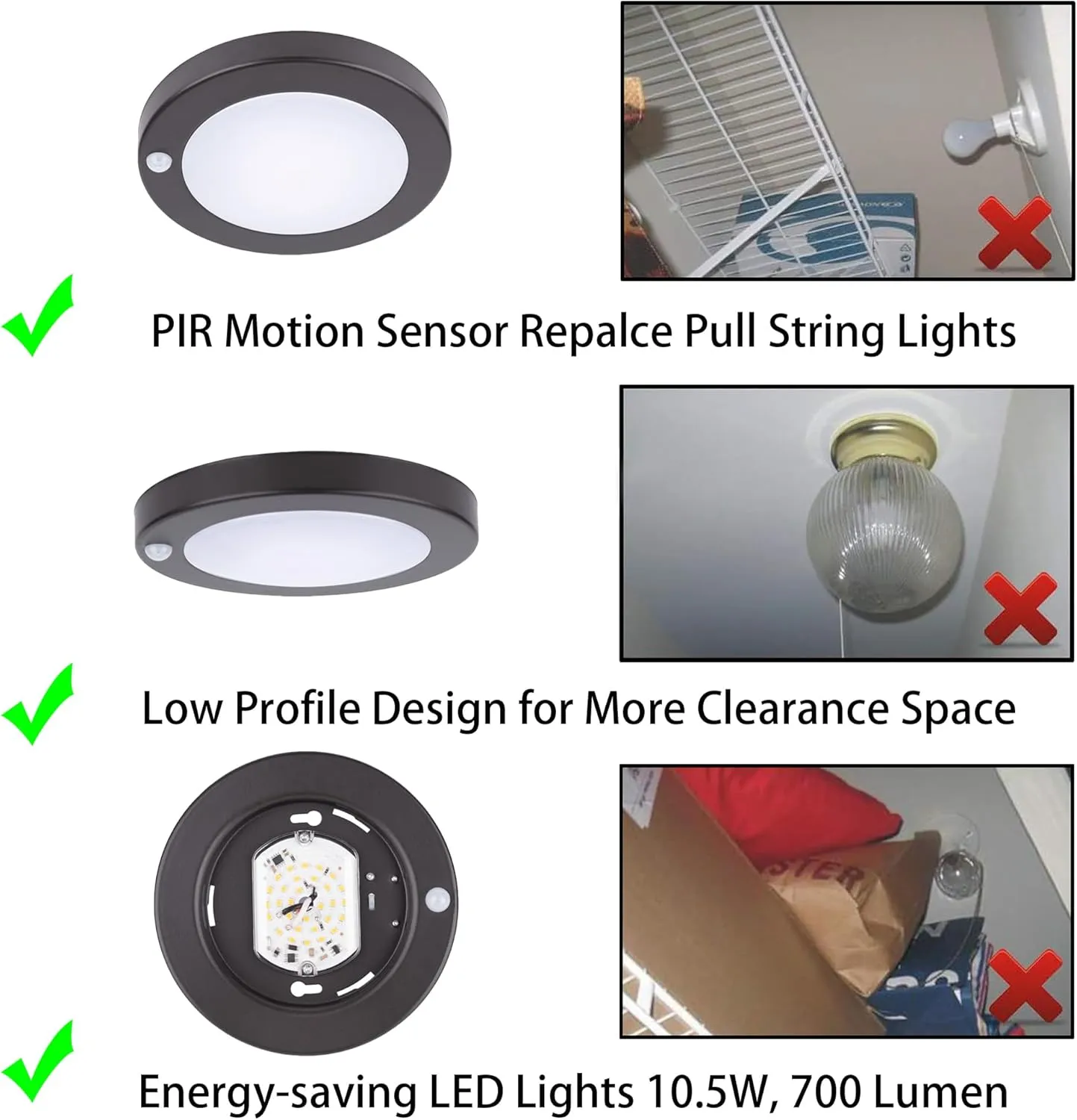 YoonLIT Flush Mount PIR Motion Sensor LED Ceiling Light, 6.2 Inch 10.5W 700 Lumen, Motion Activated Ceiling Fixture for Closet, Garage, Doorway, Stairway, Hallway, Bronze Finish 3000K 1-Pack