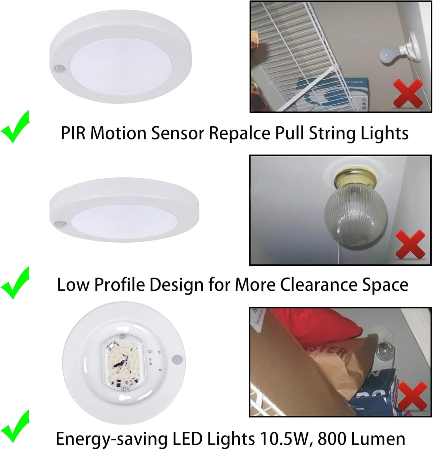 YoonLIT Flush Mount PIR Motion Sensor LED Ceiling Light, 6.2 Inch 10.5W 800 Lumen, Motion Activated Ceiling Fixture for Closet, Garage, Doorway, Stairway, Hallway, White Finish 5000K 2-Pack