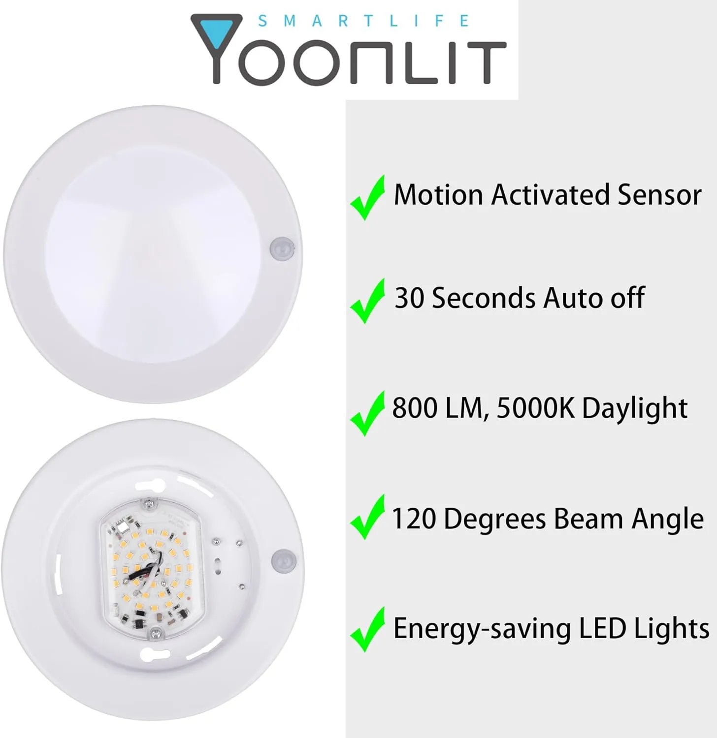 YoonLIT Flush Mount PIR Motion Sensor LED Ceiling Light, 6.2 Inch 10.5W 800 Lumen, Motion Activated Ceiling Fixture for Closet, Garage, Doorway, Stairway, Hallway, White Finish 5000K 2-Pack