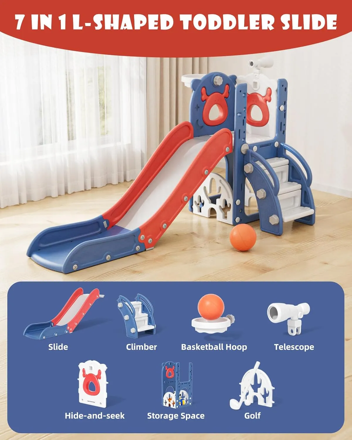 YUFU 7 in 1 Kids Slide for Toddlers, Toddler Slide Playset with Golf, Climber, Basketball Hoop and Ball, Indoor Outdoor Toddler Playground for Kids Age 1-3 (Blue Red)