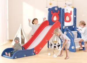 YUFU 7 in 1 Kids Slide for Toddlers, Toddler Slide Playset with Golf, Climber, Basketball Hoop and Ball, Indoor Outdoor Toddler Playground for Kids Age 1-3 (Blue Red)