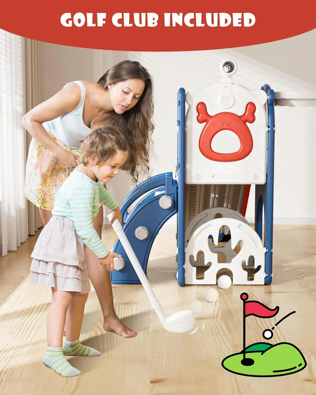 YUFU 7 in 1 Kids Slide for Toddlers, Toddler Slide Playset with Golf, Climber, Basketball Hoop and Ball, Indoor Outdoor Toddler Playground for Kids Age 1-3 (Blue Red)