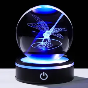 YWHL Crystal Ball 3D Dragonfly Figurine with LED Base, Dragonfly Gifts for Men Women on Christmas Birthday, Glass Animals Insect Sphere Decorative Ball for Home Decor (80mm)