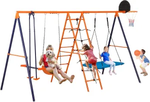 ZENY 6 in 1 Kids Swing Set for Backyard, Metal A-Frame Swing Stand with Slide Swings, Basketball Hoop, Climbing Ladder and Nets for Playground and Outdoor Play