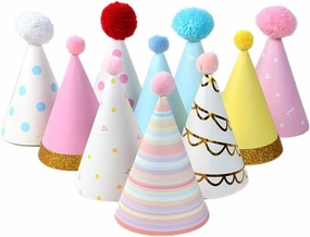 Zerodeko 10 Pcs Birthday Paper Cone Hat, Party Hats for Kids, Celebration Hat with Fuzzy Ball Decorative Crown Headband Pointed Hat Childrens Day Cap Party Supplies for Child Toddler (Mixed Colors)