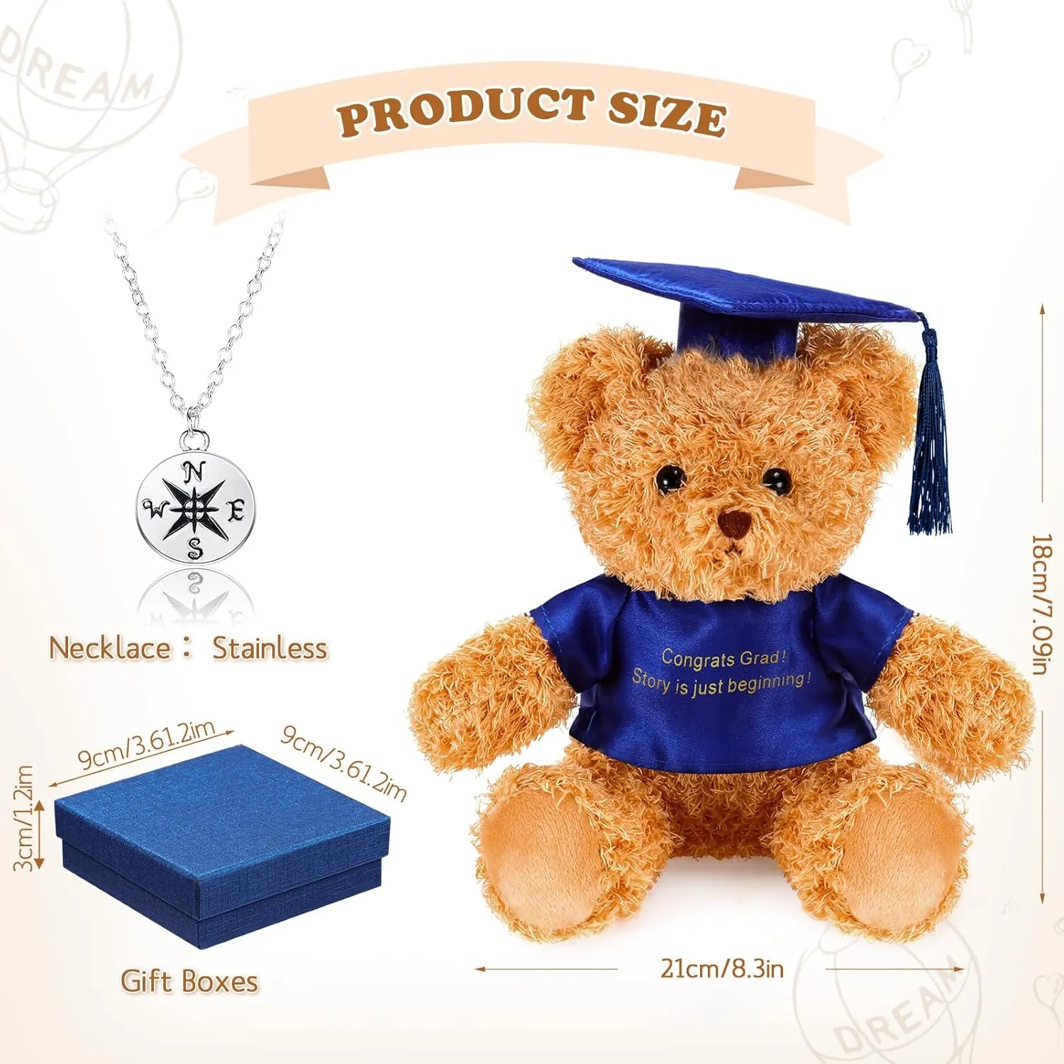 Zhanmai 5 Pcs 2025 Graduation Gift Set Include Graduation Plush Bears Encouragement Inspirational and Compass Necklace for Preschool Kindergarten Primary College High School Party Favors (Blue)