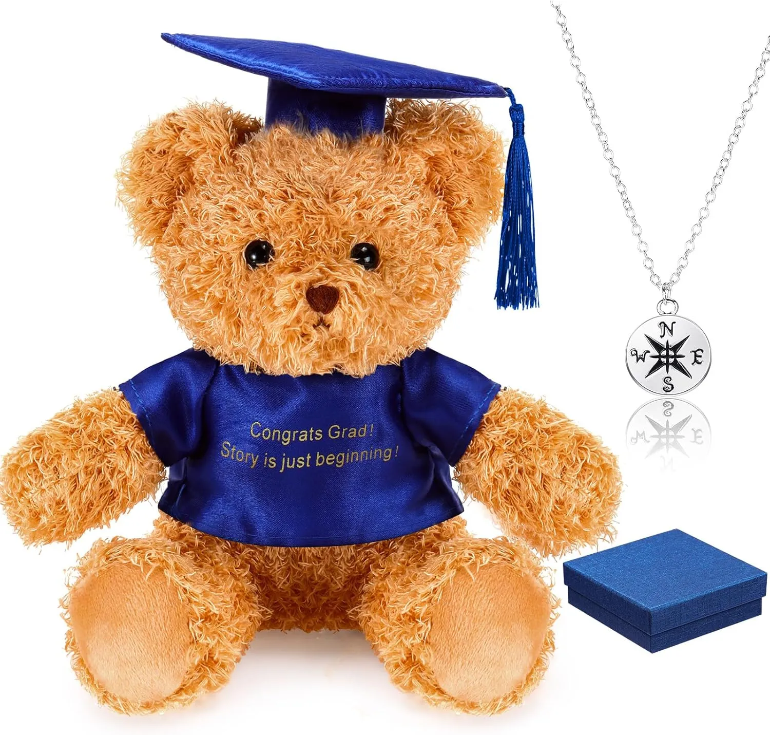 Zhanmai 5 Pcs 2025 Graduation Gift Set Include Graduation Plush Bears Encouragement Inspirational and Compass Necklace for Preschool Kindergarten Primary College High School Party Favors (Blue)