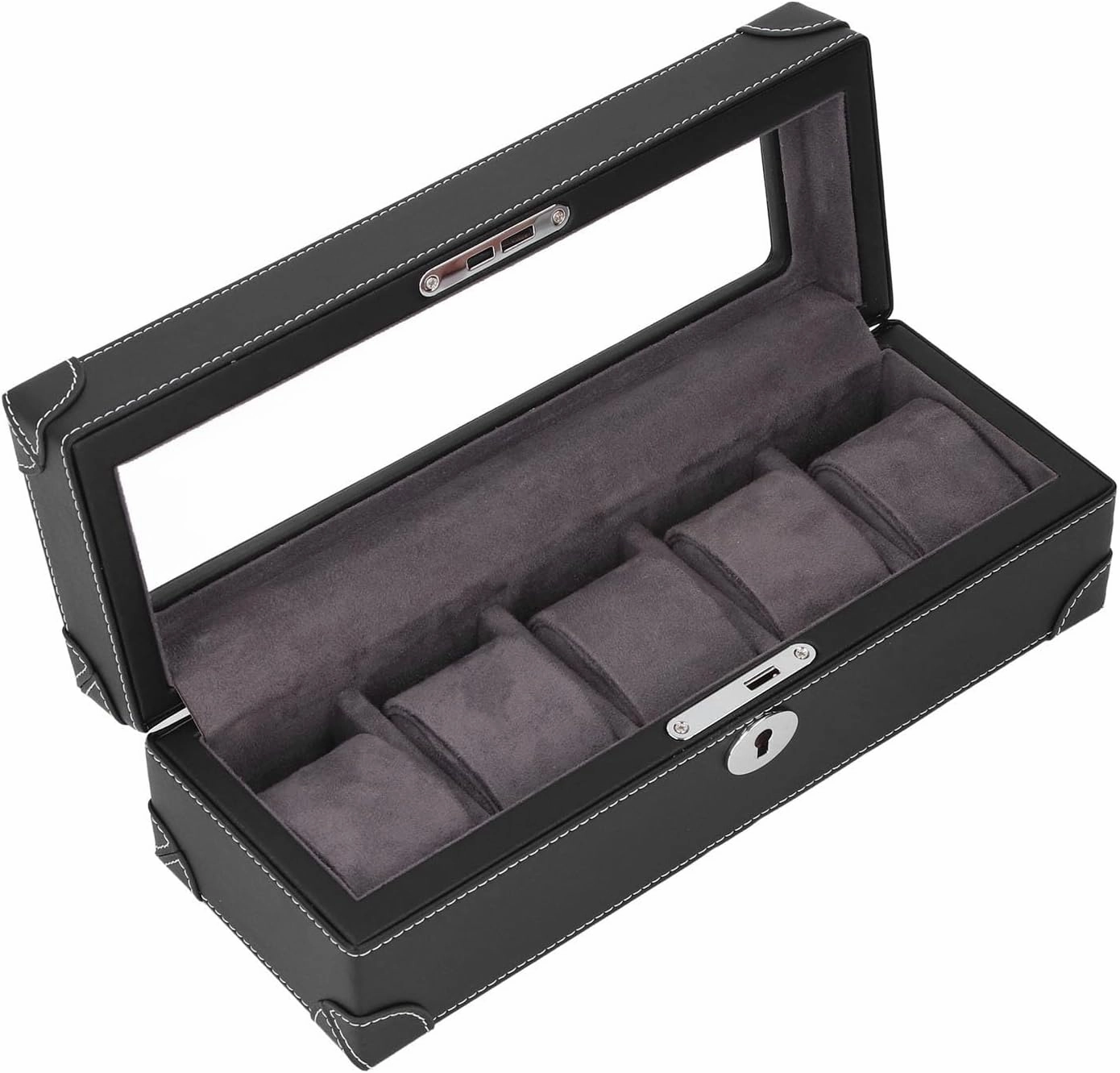 ZJchao Watch Box Glass Window Microfiber Leather Exquisite Soft Plush Lining 5 Slot Storage Case for Mechanical Watch (Black)