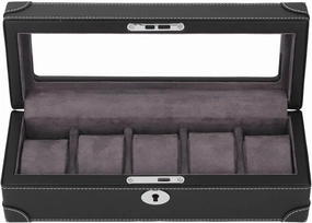 ZJchao Watch Box Glass Window Microfiber Leather Exquisite Soft Plush Lining 5 Slot Storage Case for Mechanical Watch (Black)