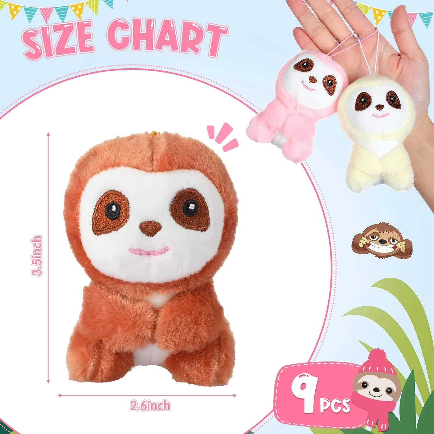 Zomiboo 9 Pcs Mini Sloth Stuffed Animal Birthday Party Supplies Small Baby Shower Gifts Soft Huggable Adorable Jungle Plush Toys Set for Favors Award 4 Inches (Brown, Pink, Beige)